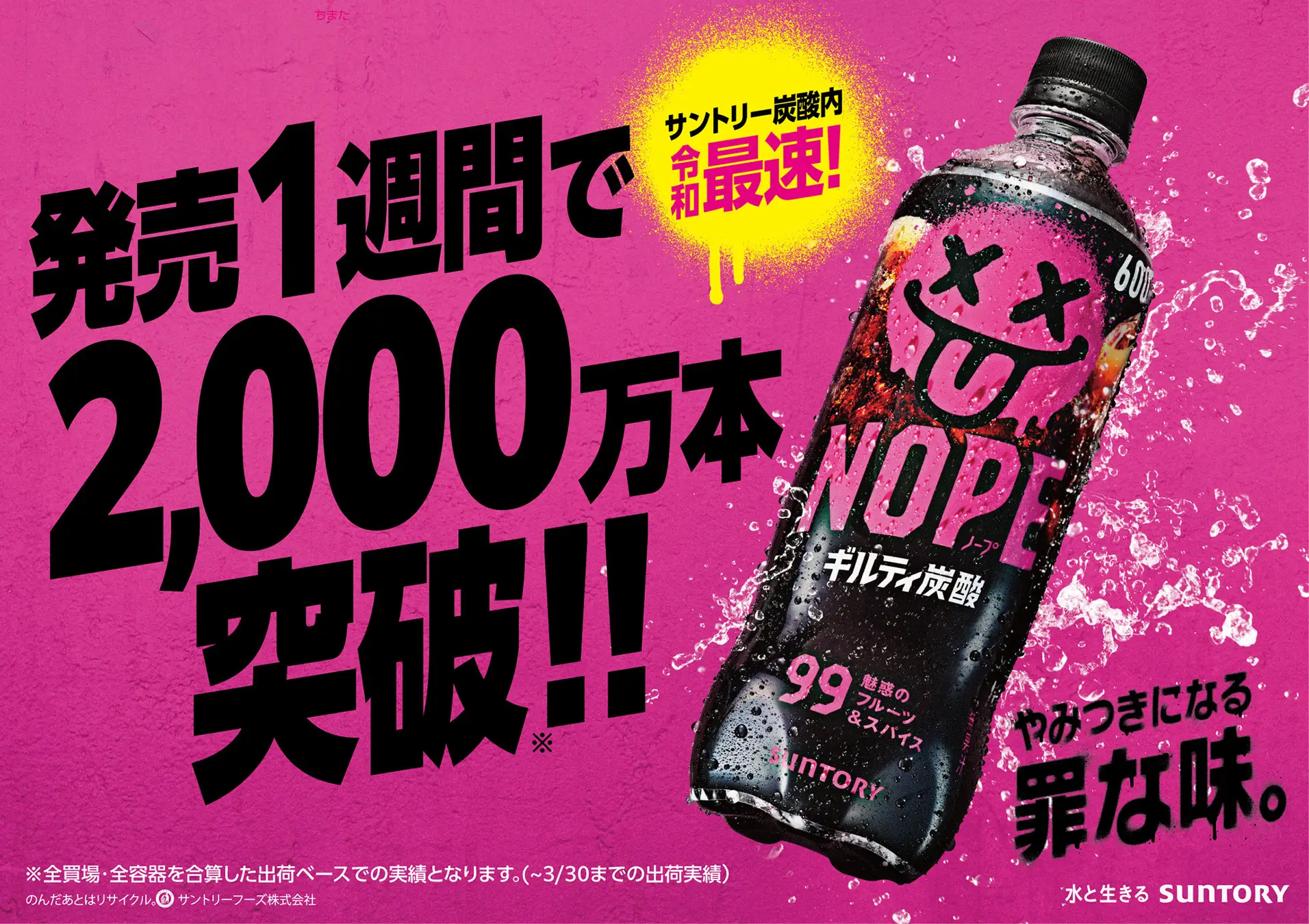「ギルティ炭酸 ＮＯＰＥ（ノープ）」大反響！発売１週間で２,０００万本突破！※ サントリー炭酸飲料で令和史上最速
